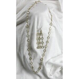 Signed Swarovski Gold Tone Bevel Crystal Necklace and Wire Hook Earrings Set